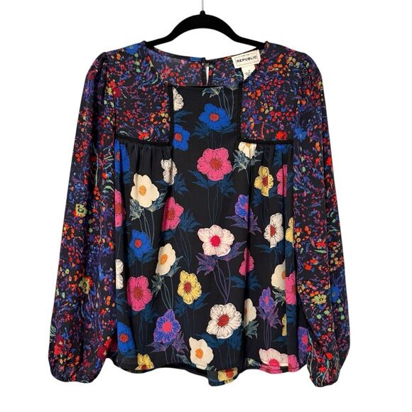 For the Republic Floral Patchwork Long Sleeve Blouse Black‎ Pink Small - Picture 1 of 7
